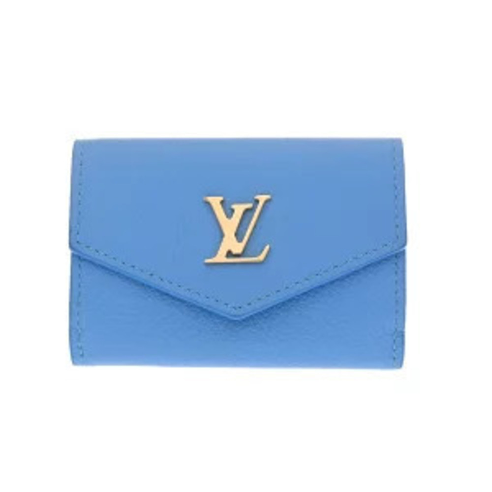 Louis Vuitton Portefeuille Lock Vivid Blue Grained Calf Leather Tri fold Wallet